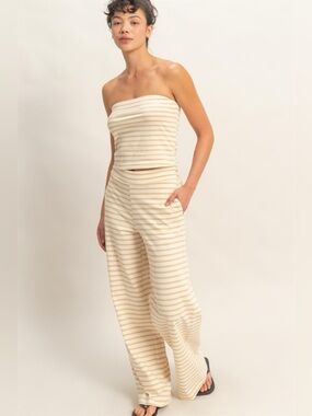 NEW HYFVE Cream Taupe Striped Tube Top & Wide Leg Pants Set Coastal Size Small